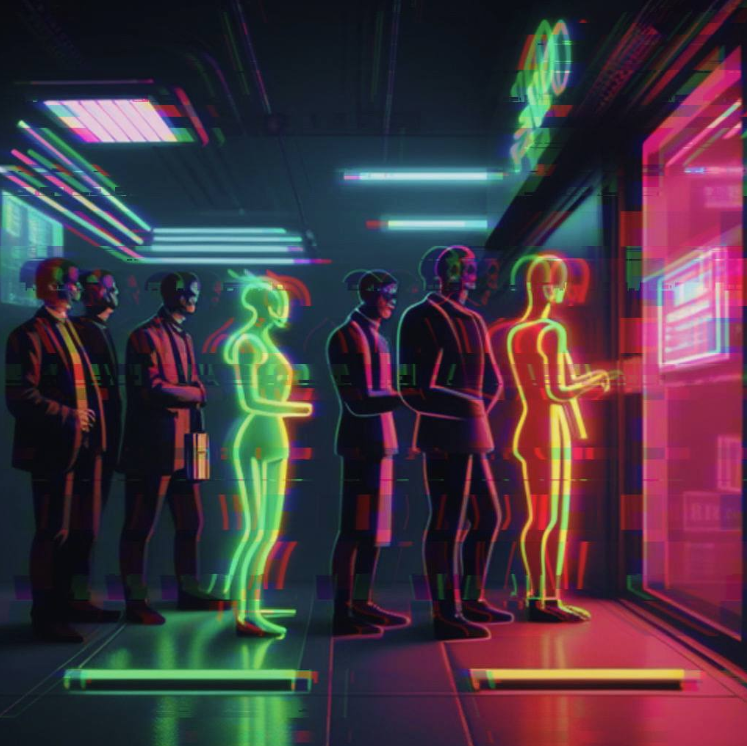 People in a digital space standing in a queue to exchange money