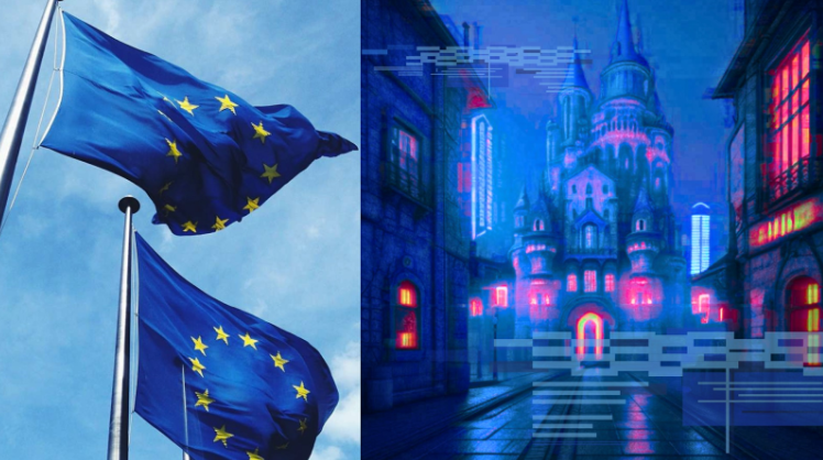 Alt = European Union flags and a generated picture of European architecture in a digital space