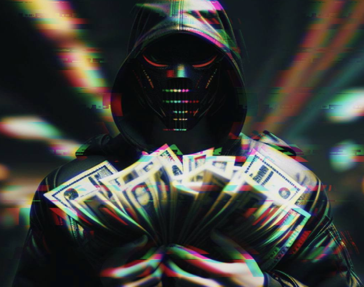 A hooded Metaverse avatar that has come to a spot to exchange fiat money for crypto