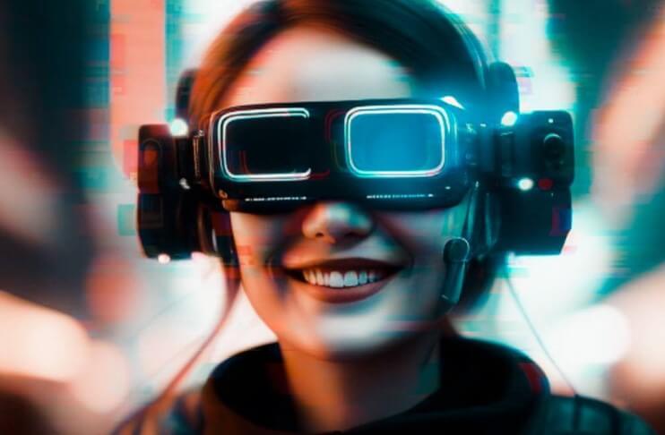 A person wearing digital goggles and smiling