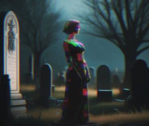 A lagging image of a woman standing in the middle of a cemetery 