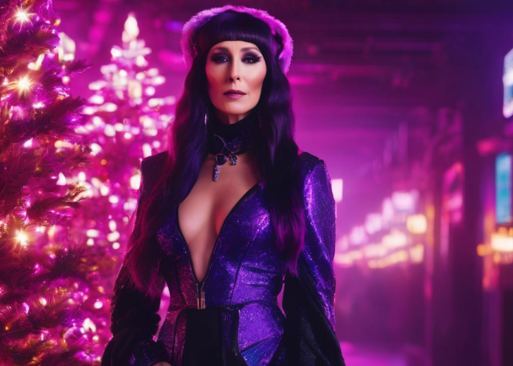 Cher wearing a dress and standing near a Christmas tree