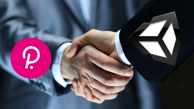 Polkadot and Unity logos on a business handshake