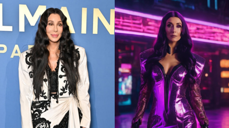 A real photo of Cher and a generated image of her in a cyberpunk world