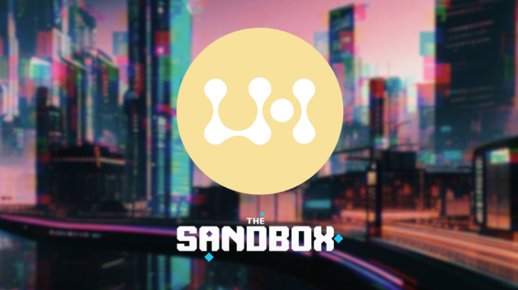 The Sandbox and LBank logos together and a digital city in the background