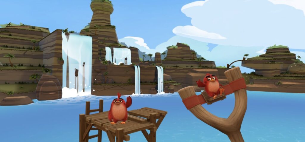 Let's shoot at the birds by the waterfall! Come on, pull it back! 🎯