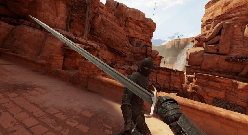 Wield a massive sword in a rugged canyon feel the virtual steel bite back!