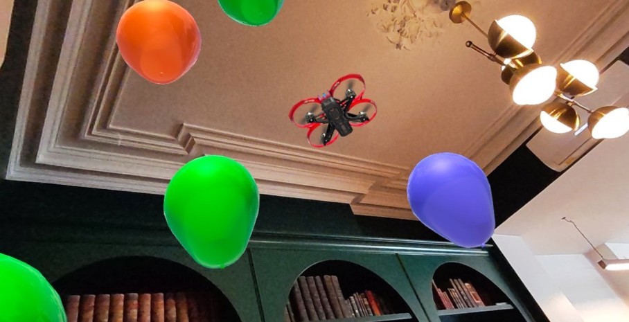 Watch a drone soar with colorful balloons take flight in VR!