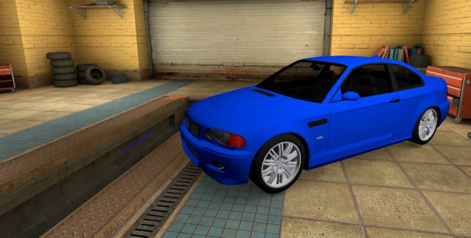 Check out this sleek blue car in a detailed garage ready for high-octane VR action!