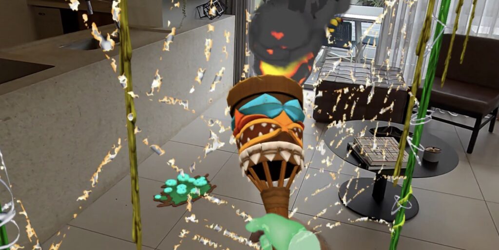 The player uses their hands instead of controllers, interacting with adaptive AI that learns behavior (e.g., amplifies fear of spiders) and changes the environment (furniture becomes traps or resources).