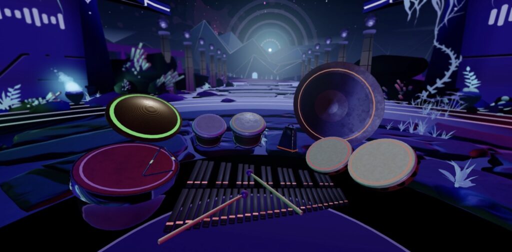 Using Quest 3, the game provides low latency (<15 ms), accurate motion tracking, and haptic feedback, simulating real drums (Roland, Yamaha. Cool, right?).