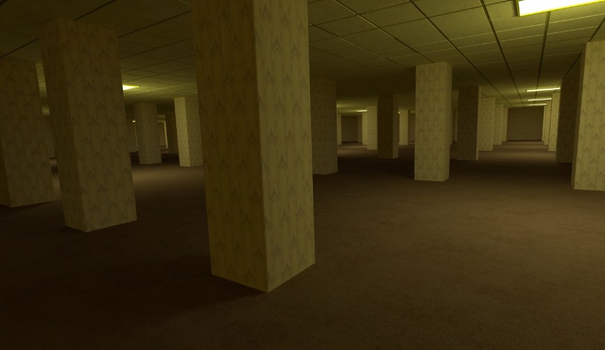 Full Backrooms immersion with photorealistic yellow corridors.