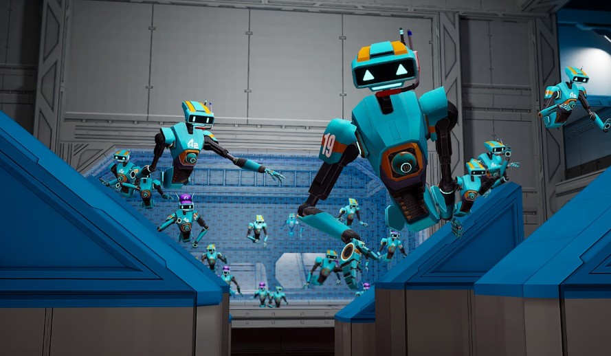 Team throws and momentum matching enable co-op strategies with zero artificial locomotion.