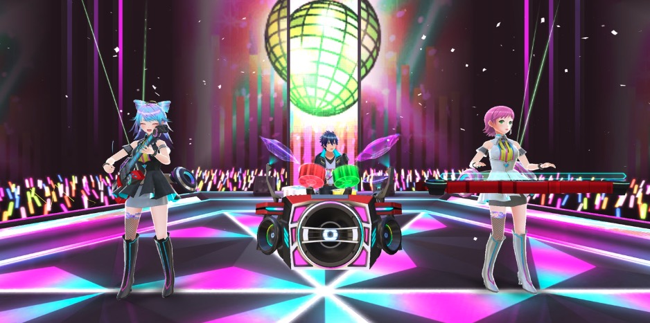 Multiplayer syncs avatar gestures in real time, letting players jam as a coordinated VR band.