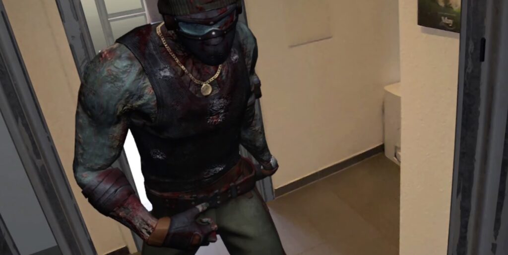 The game leverages Quest passthrough (it name-drops Quest 3) to scan/analyze your room geometry, using real fixtures as anchors for procedural horror.