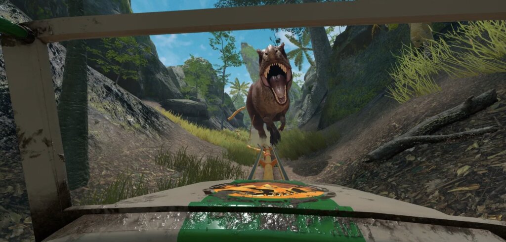 Three modes + epic worlds - Classic (pure coaster ride), Shooter (target shooting on high-speed tracks with slow-motion), Race (time trials vs friends); worlds feature dinosaurs, magic, haunted places, dystopian futures & more.