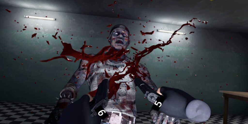 Survival items are placed in your actual space: ammo clips spawn on your real coffee table, and health syringes appear on your windowsill, forcing real reaching/movement.