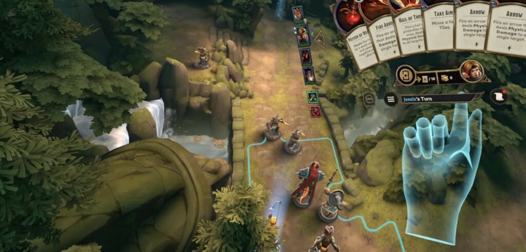 Physical mini control - move minis by hand, roll dice, draw spell gestures in air - spatial tactics give huge edge (+40% survival using high ground per playtest stats).