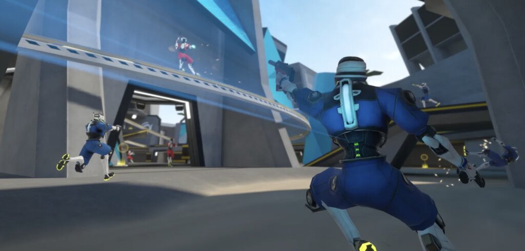 Rail grind + dash core movement - grind rails for speed & verticality, dash for evasion/aggression (chainable for momentum); turns maps into 3D arenas where stopping = death.