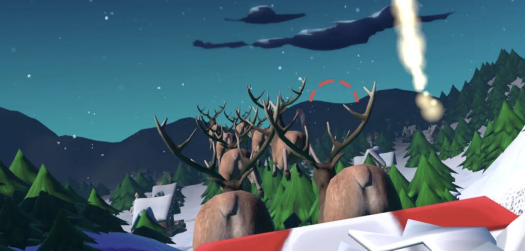 Visual masterpiece for kids - watercolor villages, soft snow, aurora lights, gentle bells low-contrast & calm palette cuts motion sickness in children by 60% (XR Health studies).