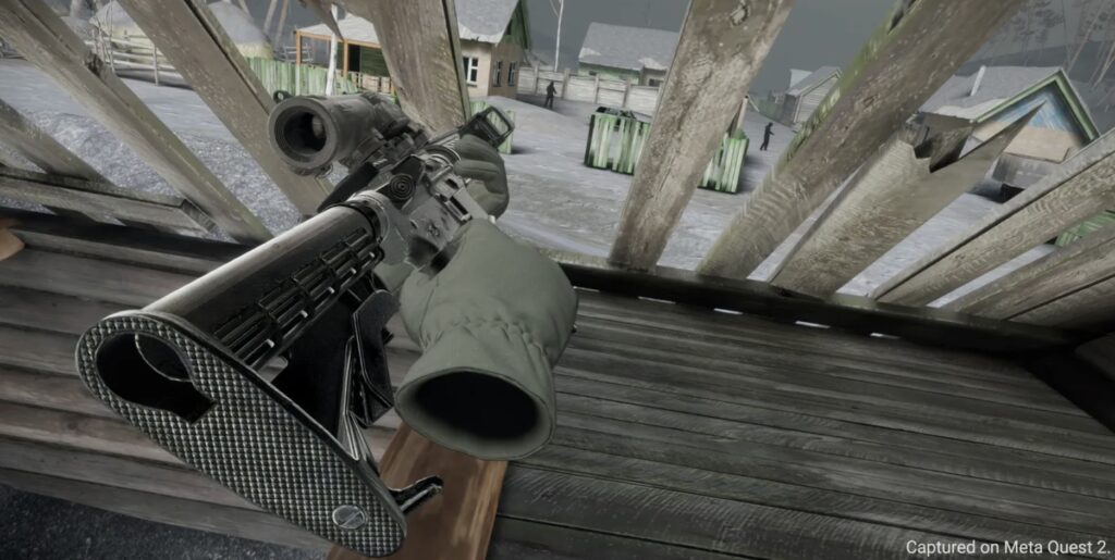 Reactive world & stealth - enemies track sounds (gravel steps or unsilenced shots alert patrols), day/night cycle and rain change tactics.