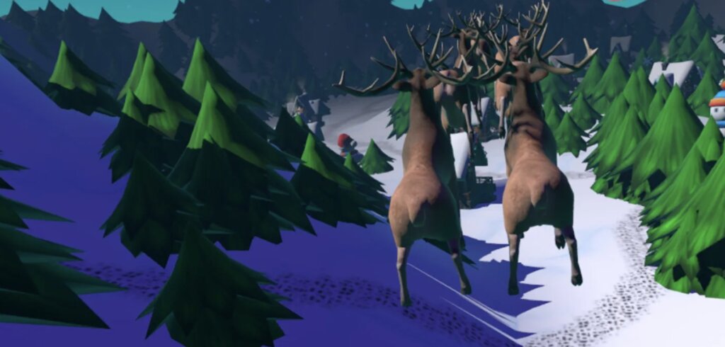 Family App Sharing mode — one pilots sleigh, second joins via App Sharing as spotter (top-down view, chimney hints); works on two Quests or pass headset perfect co-op.