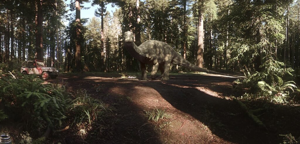 Physics & haptics - floor vibrations from T-Rex steps (30Hz rumble), 3ms directional audio, footprints deform mud affecting herd paths world reacts & evolves.