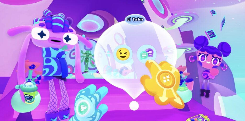 Its vibrant Lisa-Frank-meets-cyberpunk art style uses visual cues to guide discovery and reduce VR friction for newcomers.