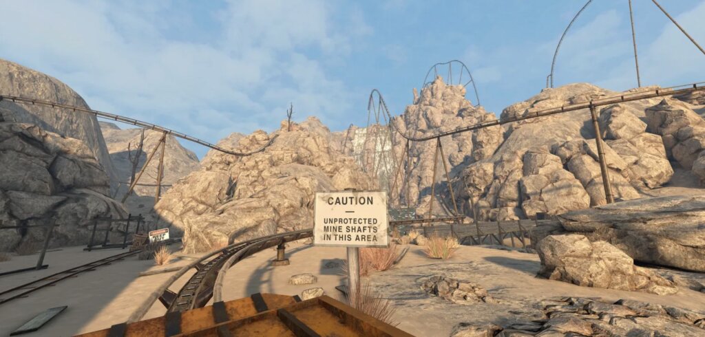 Free + DLC packs - base game free (includes Rock Falls & others), DLC adds new coasters (Tuwhena Volcano, Twilight, Haunted Castle etc.); cross-buy between Quest & PC VR.