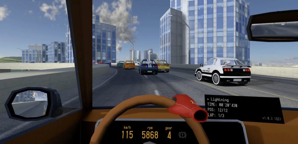 Controls are tactile: your controllers become a steering wheel, with a handbrake that gives a distinct “click” and haptics that hint at oversteer/torque.