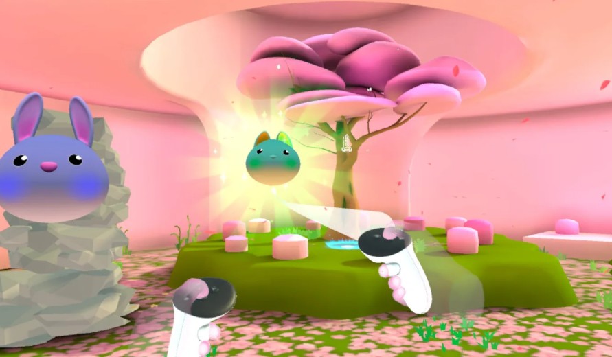 Interaction emphasizes hand tracking: you merge via a pinch gesture with a subtle haptic pulse as feedback.