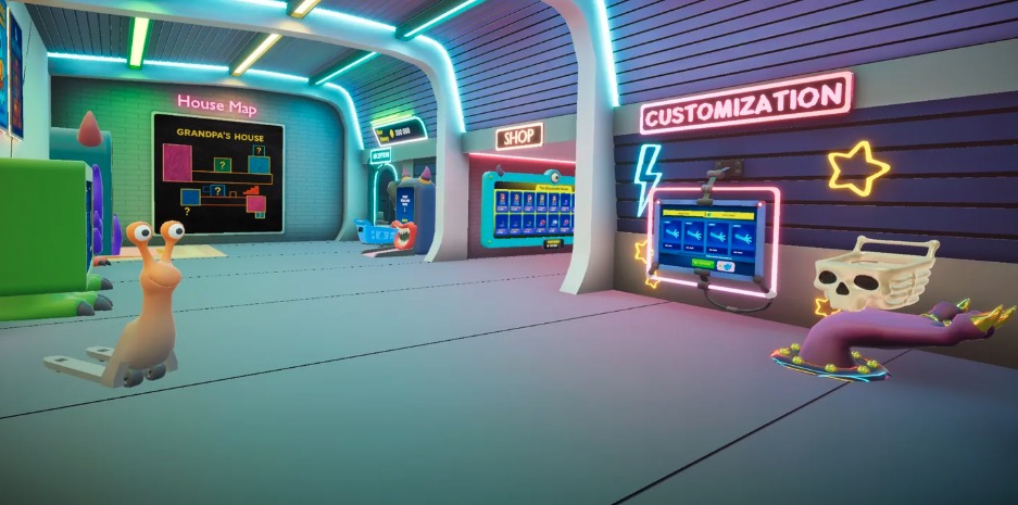 The Christmas house is interactive: objects like ornaments/stockings/tree have 5–10 interaction states each, enabling timed “scare cascades.”